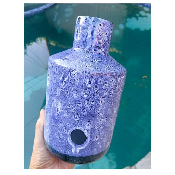 Peacock Blue Fat Lava Moon Glazed Ceramic Faiancas Ramos Vase - Picture 4 of 10